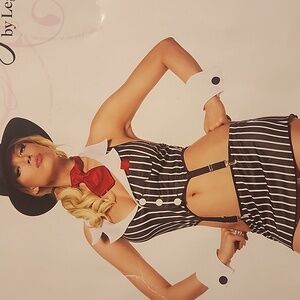 4pc. Mafia Mama Black and White Striped Costume with Red Accents